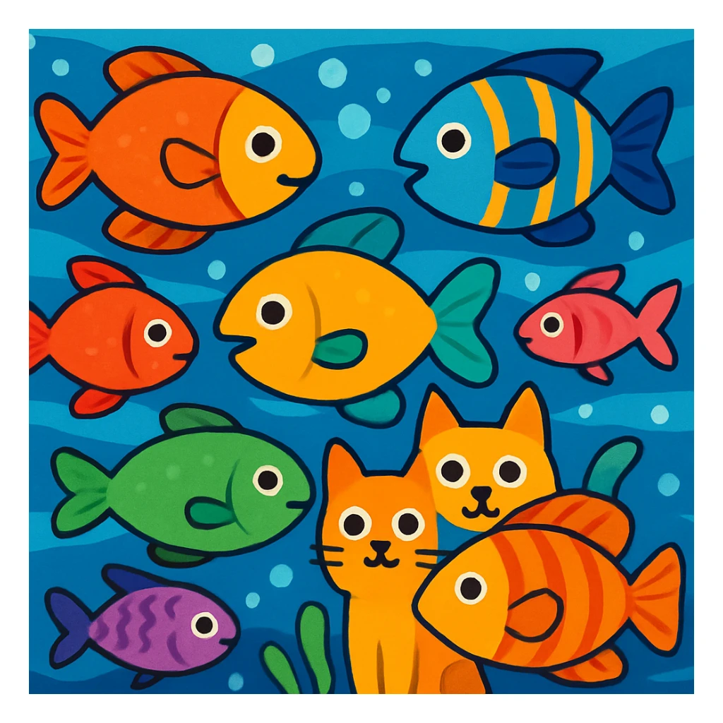 playful and vibrant underwater scene with multiple colorful fishes swimming in various directions, hidden behind the fishes is a single animal (cat, dog, or rabbit) partially obscured and blending in, creating a fun 'find the hidden animal' puzzle, eye-catching and suitable for a YouTube short, 16:9 aspect ratio sticker