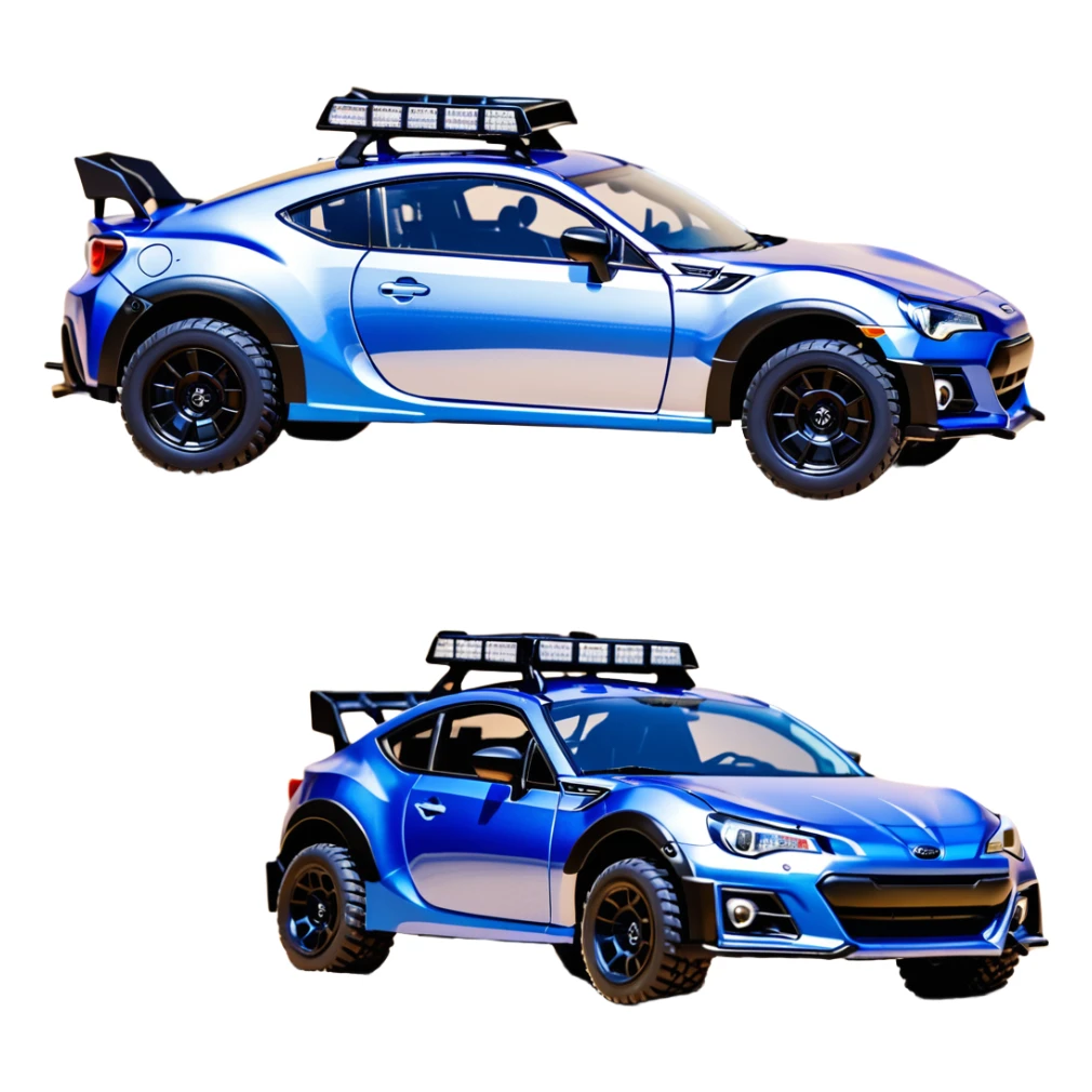 Rally race car Widened roof Long wheelbase widened pearly midnight satin dark blue  2025 Subaru brz off-road racer chrome nerf bars,side steps mounted under-door-sill climbing rock sliders, and silver satin wheels  sticker