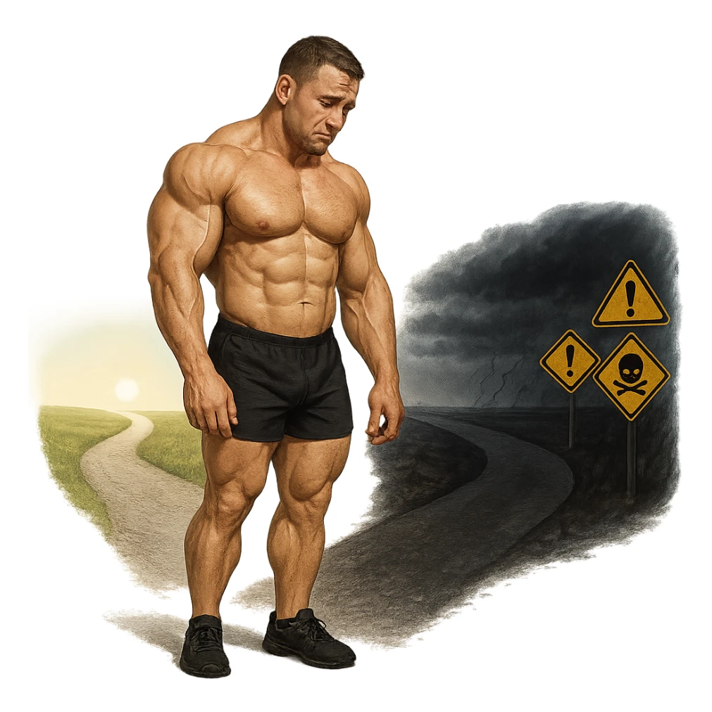 realistic muscular bodybuilder with a sad expression standing at a crossroads with one bright road and one dark road with danger signs, looking towards the wrong road, isolated on white background sticker