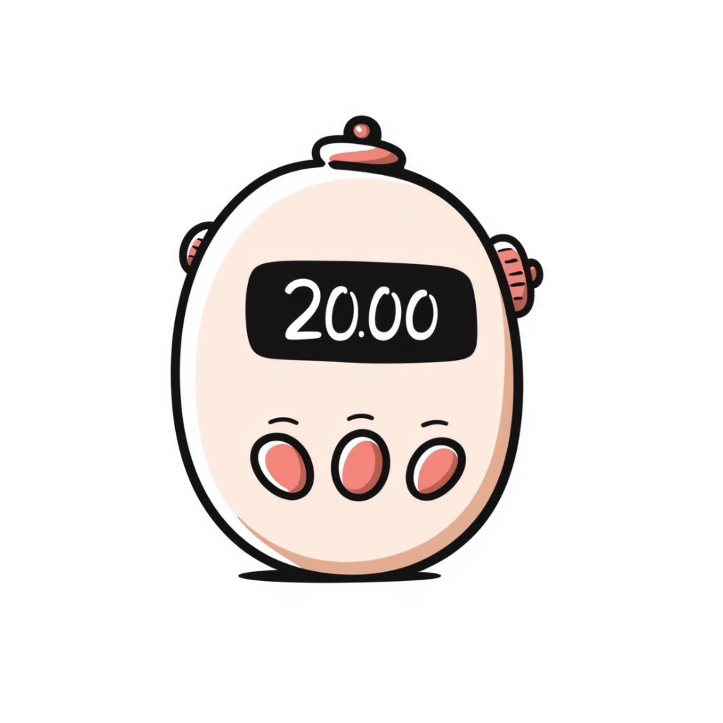 A gym interval timer/stopwatch with display and buttons in pastel colors (dd9fb0, ffc6d3, a3bfc9, c4bee2, f1b091), hand-drawn doodle style sticker