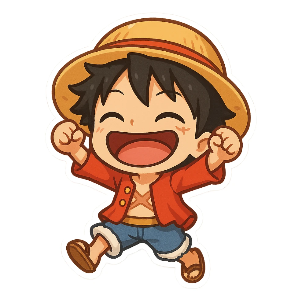 Chibi cartoon of Luffy from One Piece, joyful expression sticker