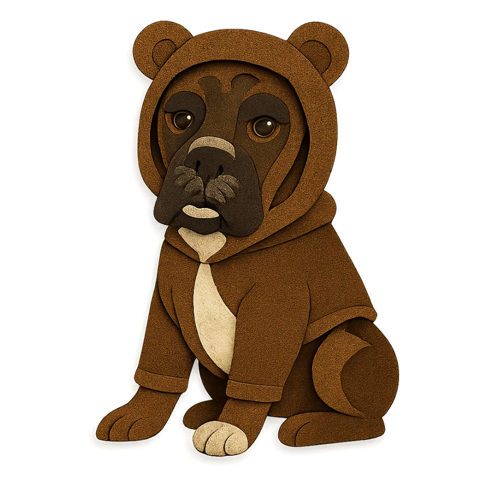 Convertir este bóxer atigrado en estilo Paper Craft, sentado, mirada tierna, usando un buzo con capucha de orejas de osito color marrón chocolate, iluminación golden hour, entorno natural con follaje sticker