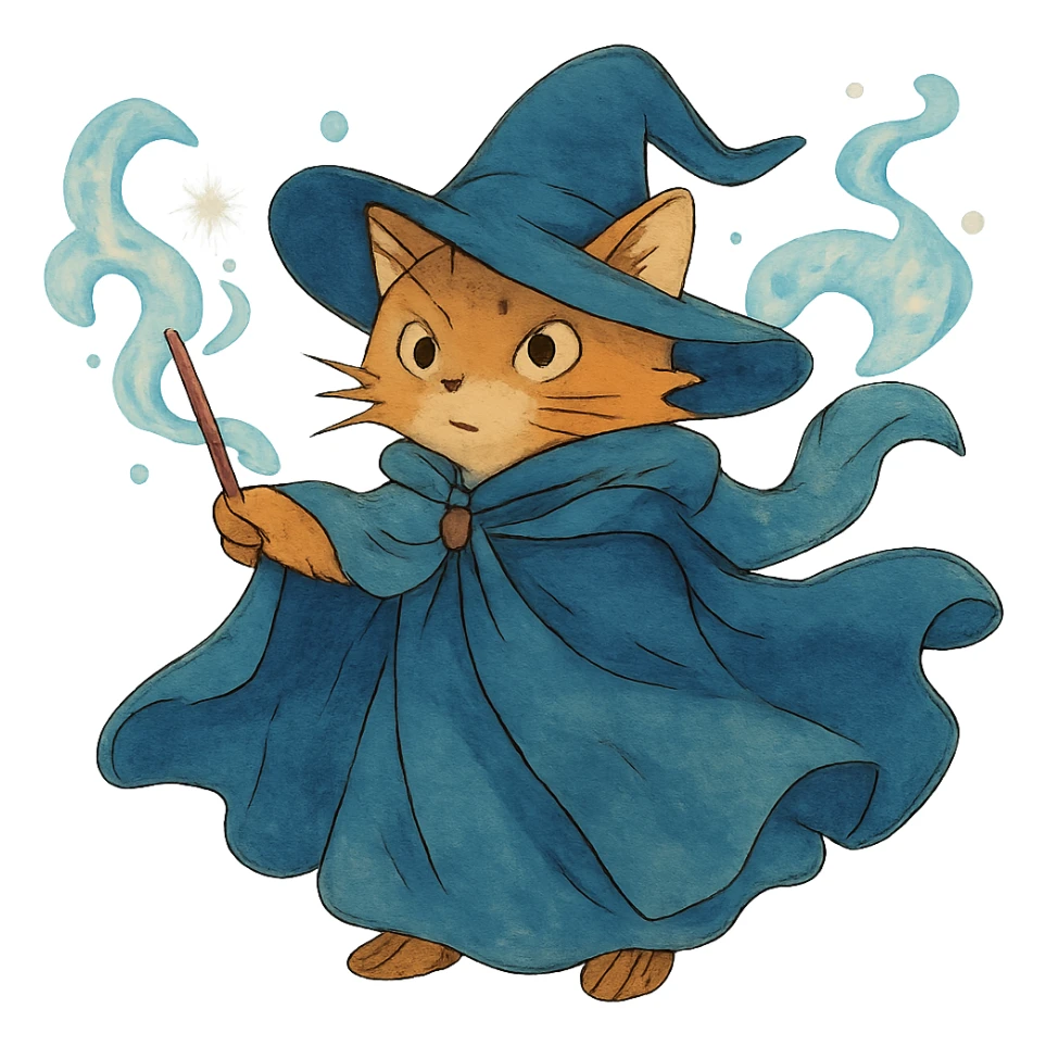 ghibli style wizard cat with a flowing cloak and magical aura sticker