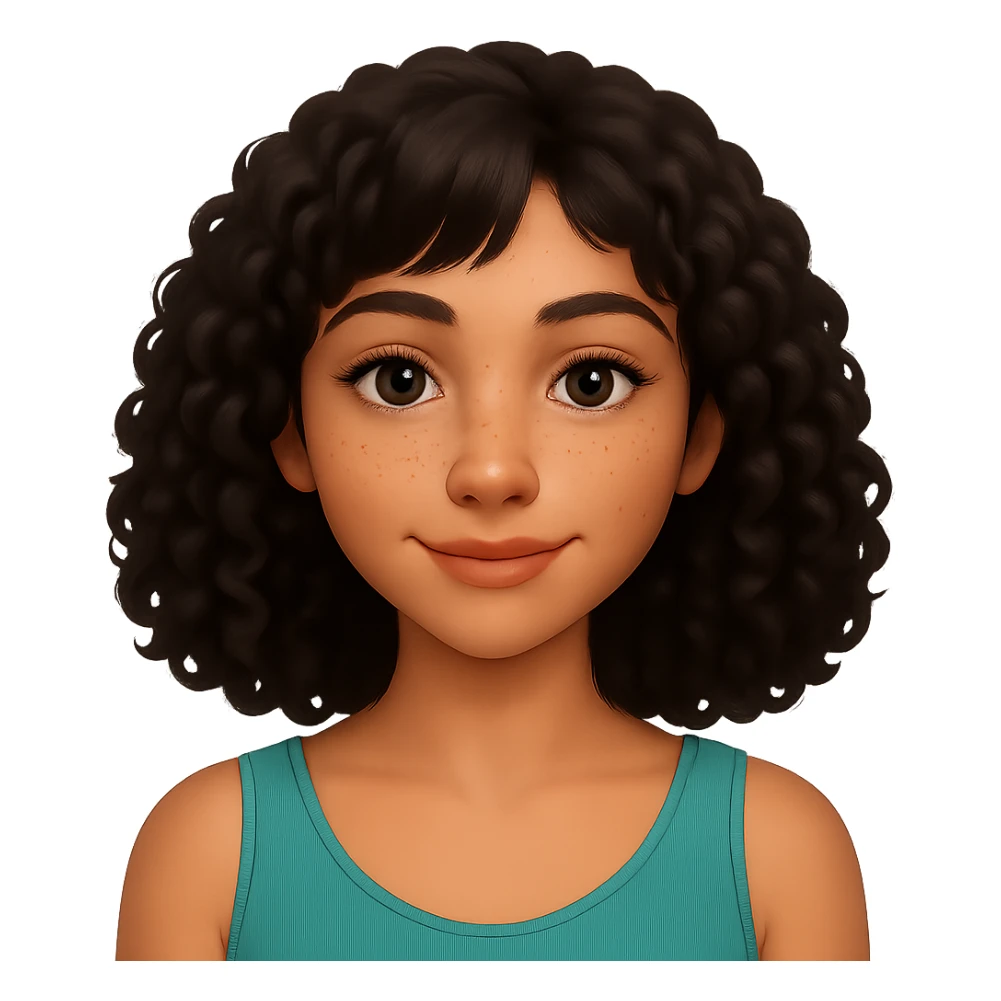 Make the hair wavy and black, with bangs more on the right side. Change the skin tone to almond. Keep the expression warm, friendly, and calm, with freckles and a glowing complexion. Preserve the transparent background. sticker