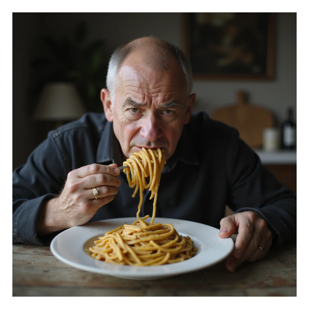a hyperrealistic 4K image of a sad man about 30 years old eating a plate of pasta, sad expression sticker