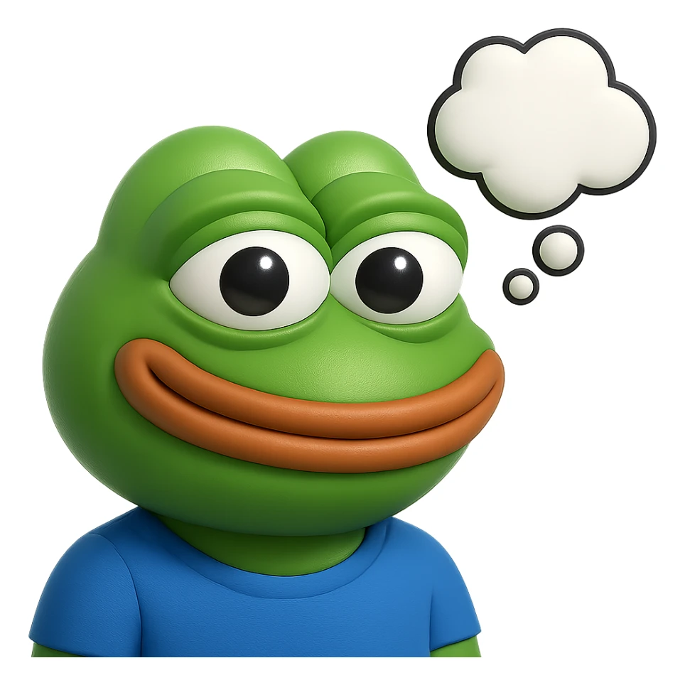 make a pepe in bright green smiling and looking straight at the camera with thought bubble looking at right right in 3d style, good highlights and shadows, drop shadows sticker