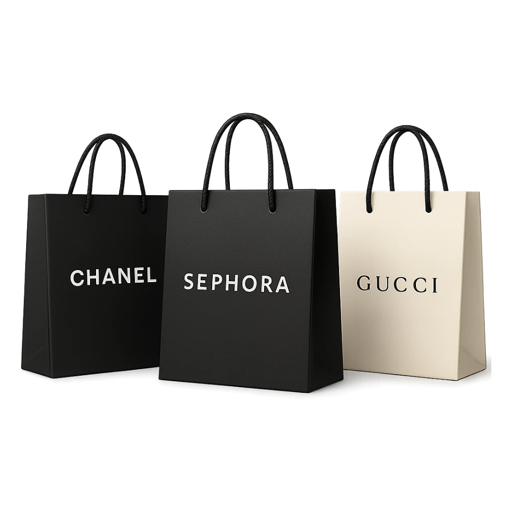 three shopping bags, featuring Sephora and two other designer brands, stylish and premium appearance sticker