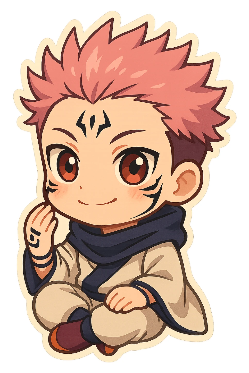 Sukuna in chibi style, cute and small, big expressive eyes, anime-inspired, vibrant colors sticker