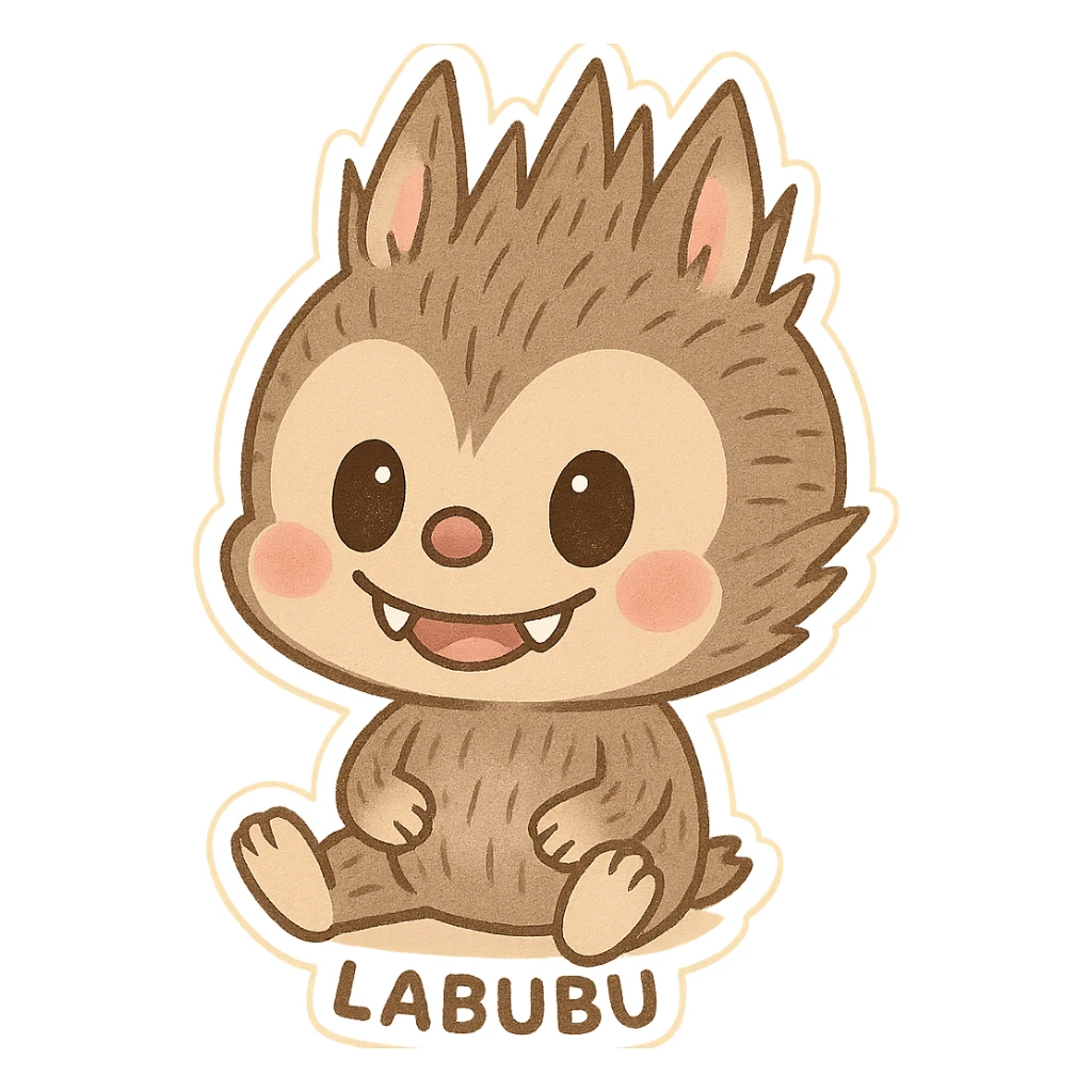 Labubu character, sitting, smiling, simple background sticker