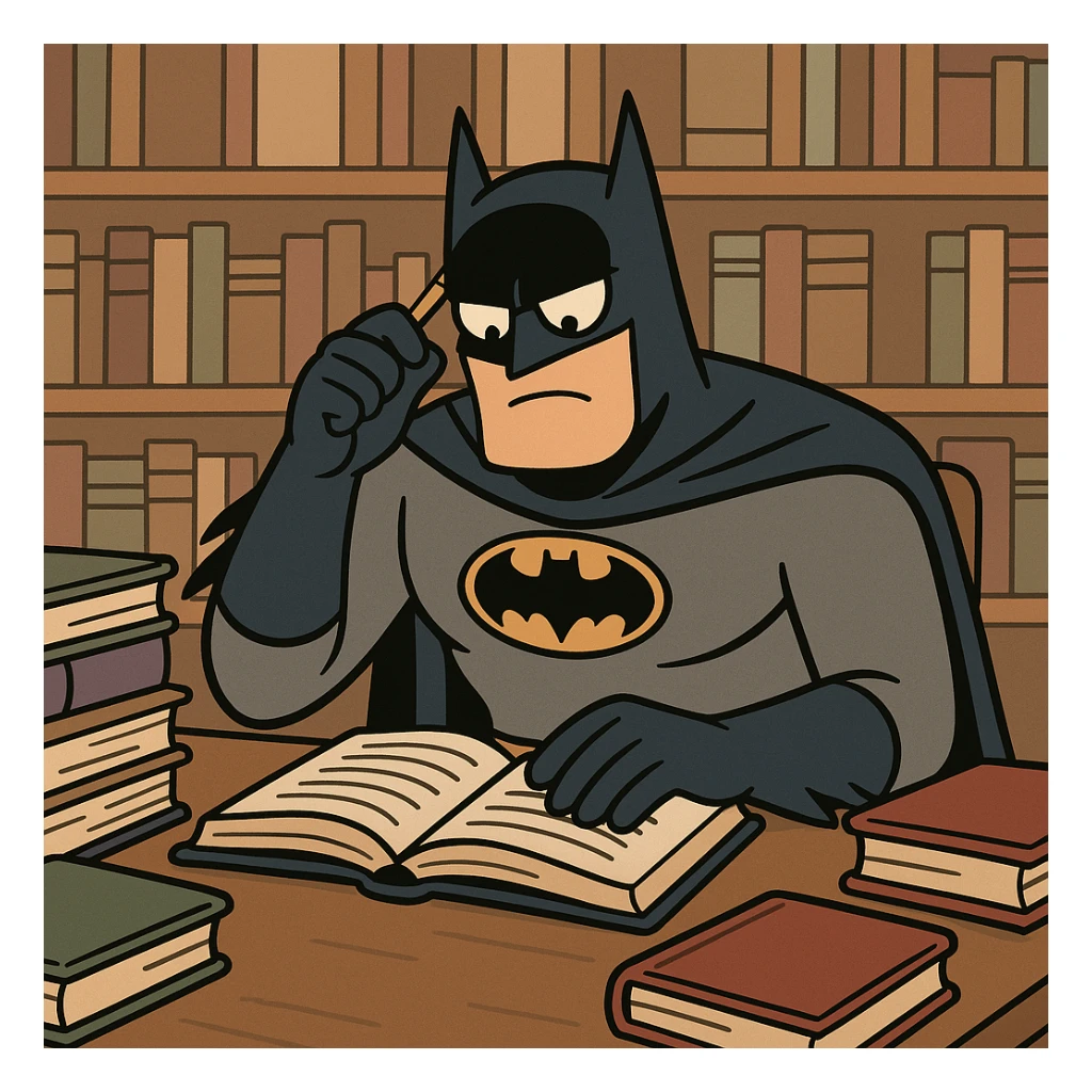 Batman studying in a library, surrounded by books, cartoon style sticker