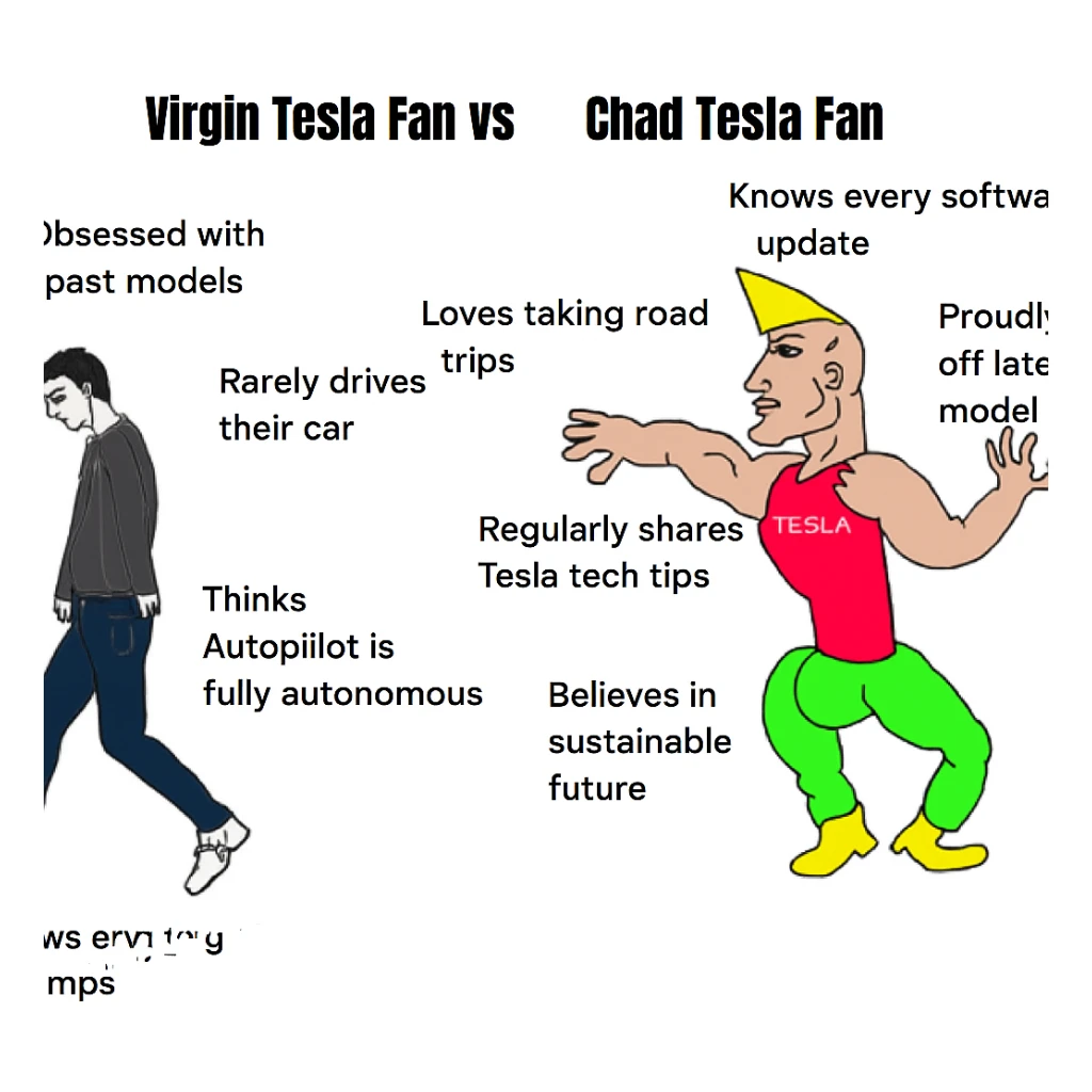 make virgin vs chad meme on tesla fan in above style  sticker