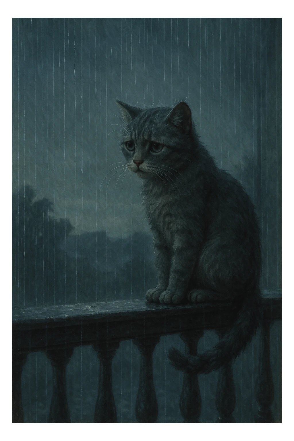 A melancholy cat sitting on a balcony railing, rain pouring down, the cat gazing out longingly. sticker
