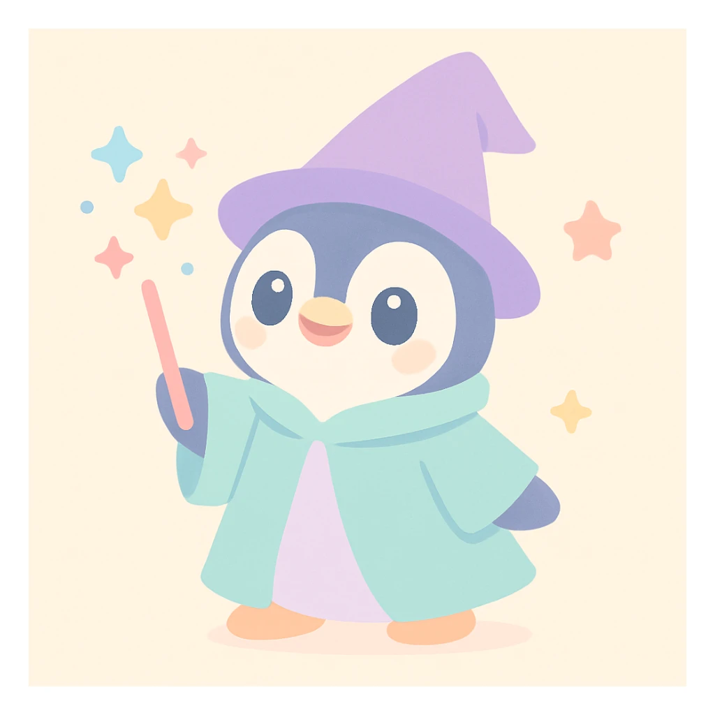 penguin wizard casting a spell with sparkles, wearing a whimsical robe, cute style sticker