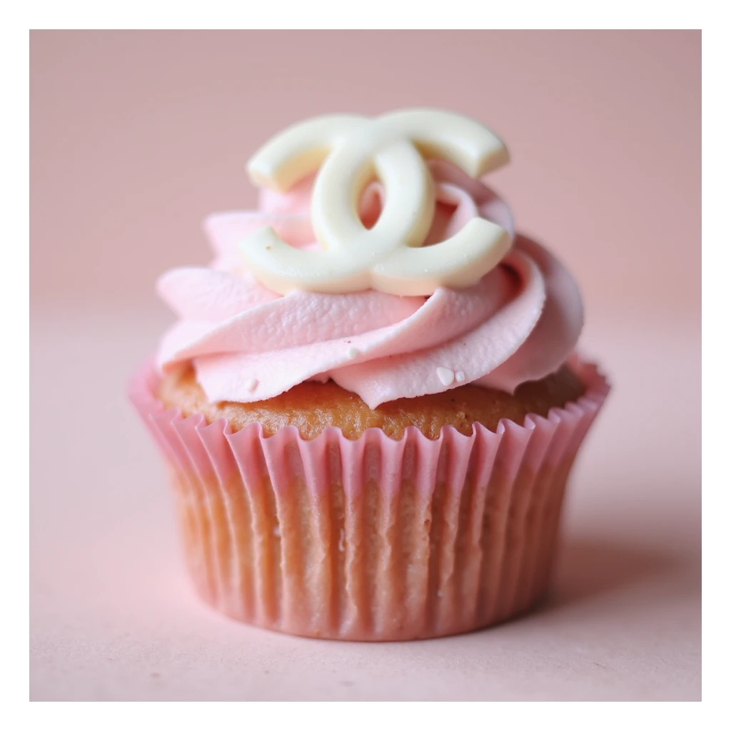 photorealistic pastel pink Chanel cupcake with a white chocolate logo, no background sticker