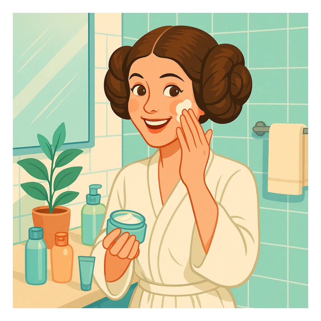 Princess Leia from Star Wars doing her skin care routine in the morning, cheerful, detailed, modern illustration sticker