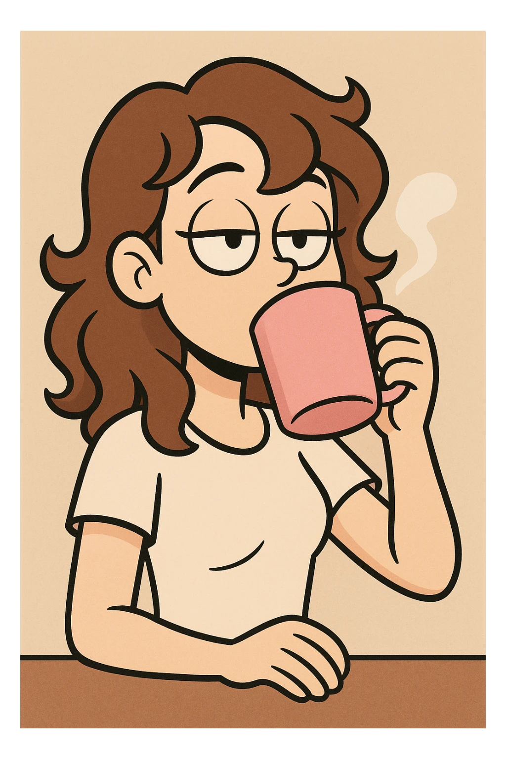 white girl with wavy brown hair, drinking coffee from a pink cup, flat toon style sticker