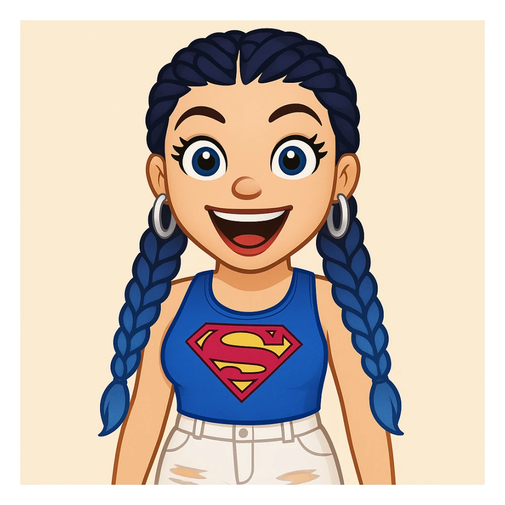 Create a girl character in emoji style with the same face and outfit as the reference image. Change the hair to braided dark blue ombre, blue eyes, very excited expression, thick black eyeliner, thick long eyelashes, light pink lips, large upper body visible, wearing white ripped cargo pants. sticker