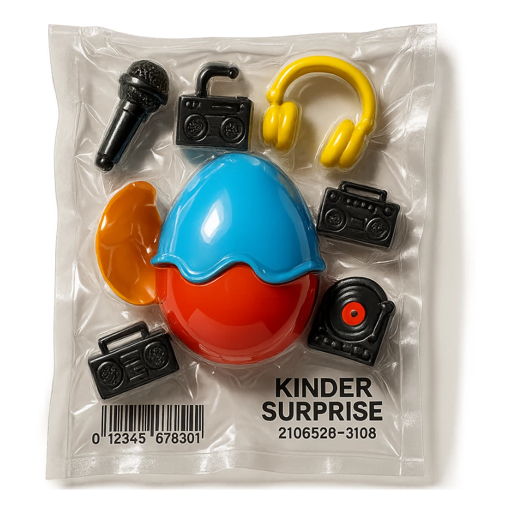 Kinder Surprise egg opened, showing toys including microphone, boombox, headphones, DJ turntable, shiny and inflated vacuum-sealed style sticker
