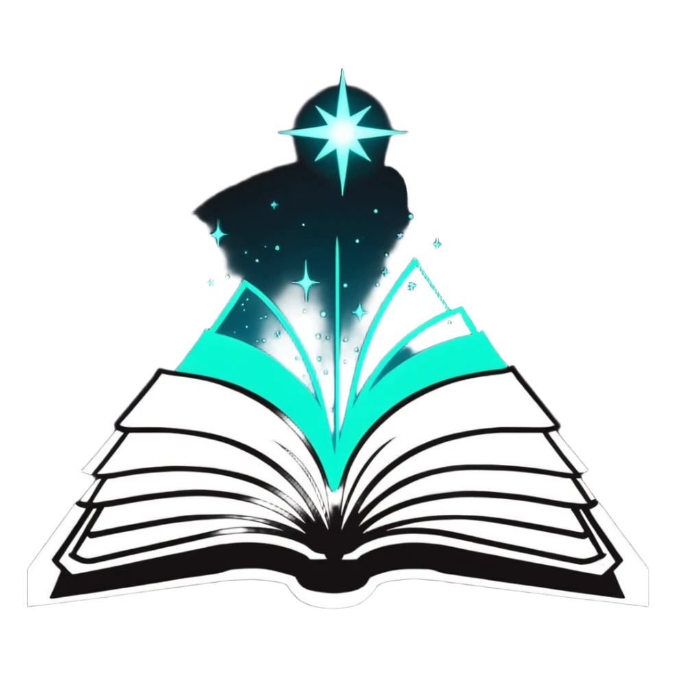 Open book with magical words and glowing sparkles floating above it sticker
