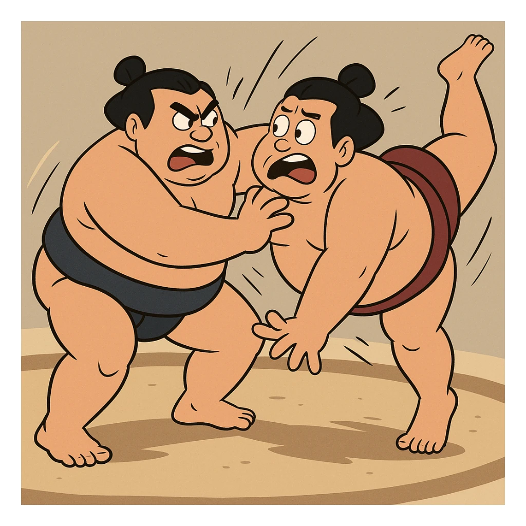 two sumo wrestlers fighting, dynamic action, expressive faces, energetic scene, cartoon style sticker