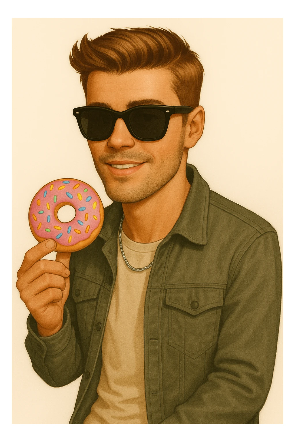 Add sunglasses to Justin Bieber while he holds a donut, keep realistic cartoon style, realistic cartoon look with sunglasses added on face, donut in hand visible clearly. sticker