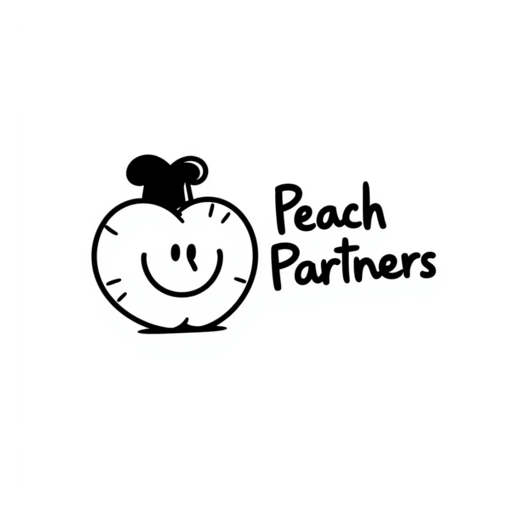 hand-drawn doodle of a playful peach with handwritten text 'Peach Partners' sticker