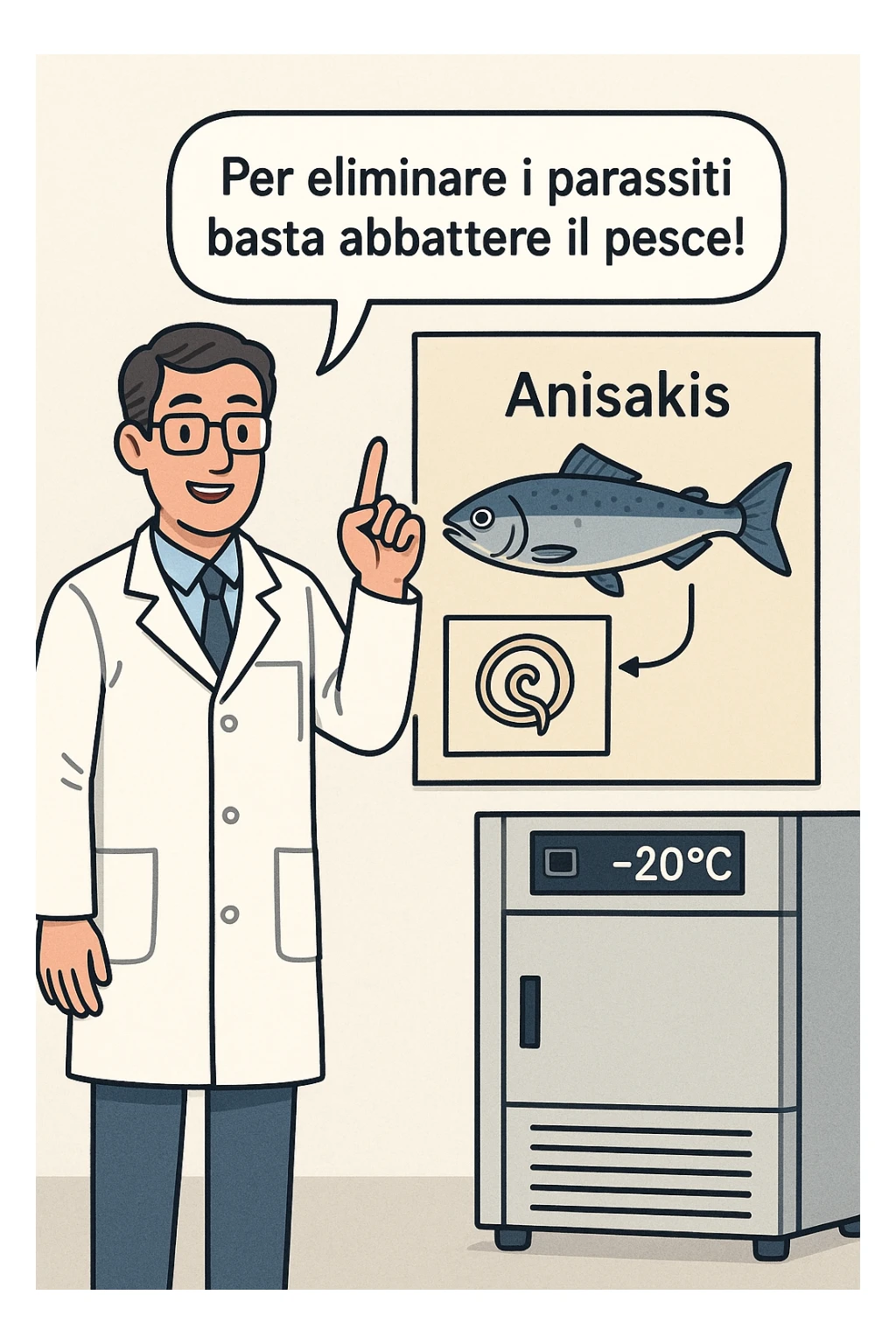  a scientist in a white lab coat stands beside a large poster showing a fish and a diagram of the Anisakis parasite. The scientist points to a speech bubble that says, “Per eliminare i parassiti basta abbattere il pesce!” In the background, a blast freezer is visible, with a temperature gauge set to -20°C. The mood is informative and reassuring. In italiano sticker