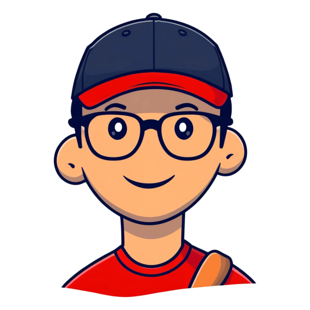 smiling man in red with black glasses baseball cap sticker