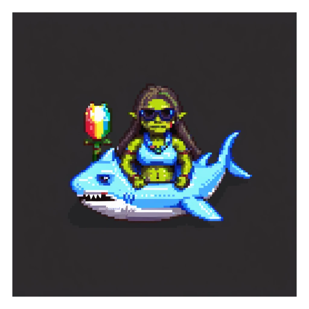 orc female standing in a shark-shaped inflatable floatie, with big sunglasses and a whistle necklace, pixel art style sticker