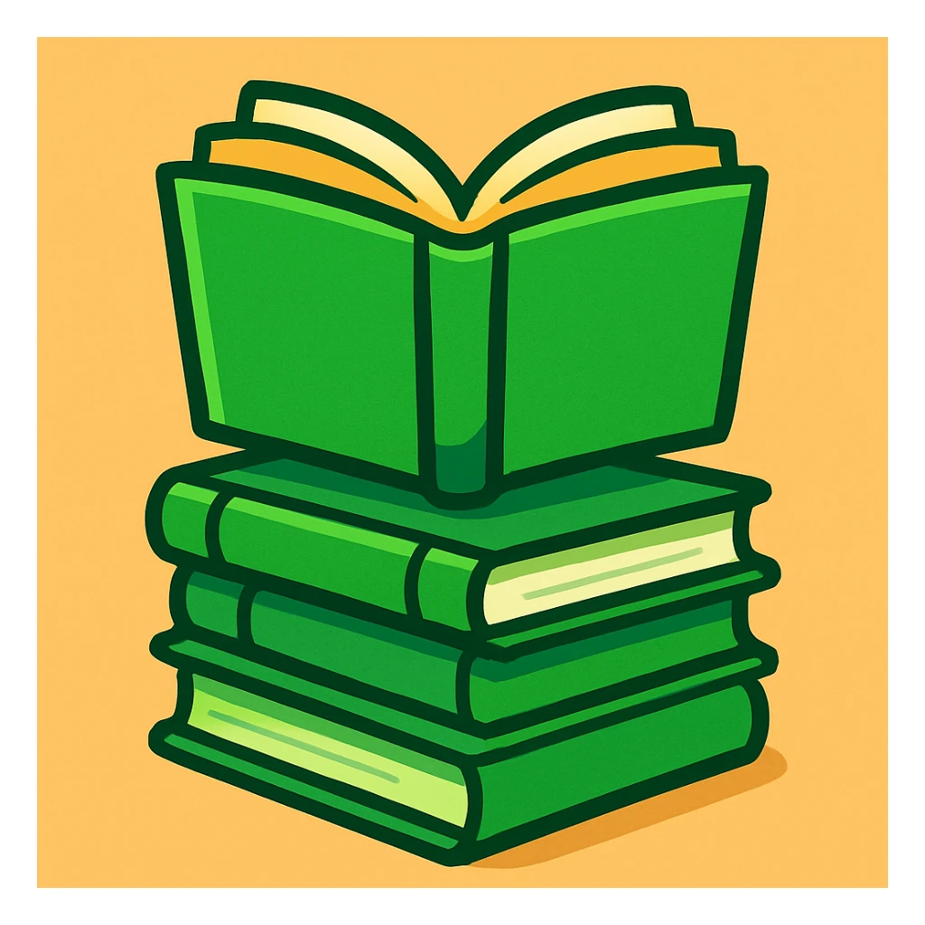 An open green book on top of a stack of green books sticker