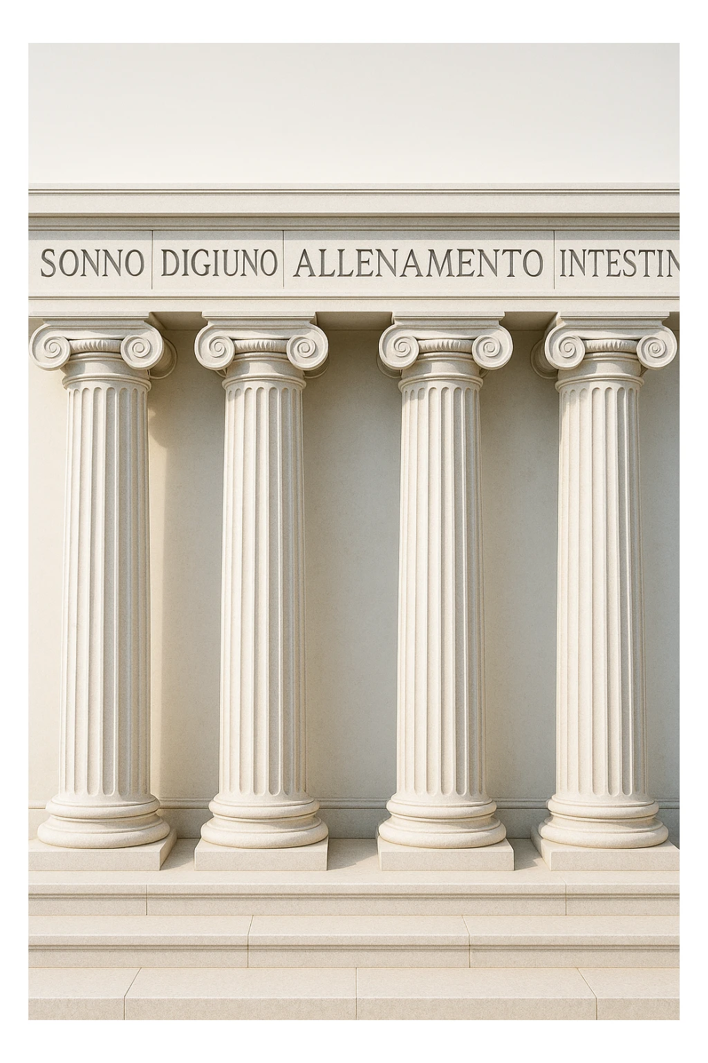 5 pilastri con le scritte "SONNO", "DIGIUNO", "ALLENAMENTO", "INTESTINO", IMMAGINE IPERREALISTICA SFONDO CHIARO IN ITALIANO sticker