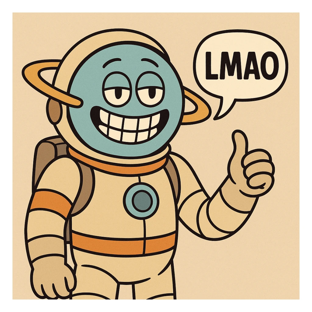 Uranus in a spacesuit, with a big grin and a comic speech bubble saying 'LMAO', cartoon style sticker