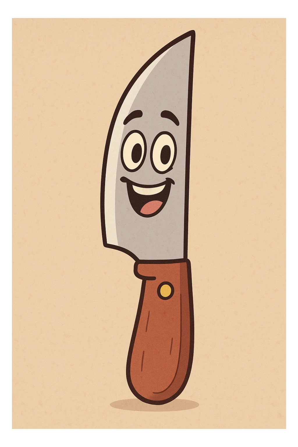 a cartoon-style knife with a smiling face, friendly and colorful, flat toon style sticker