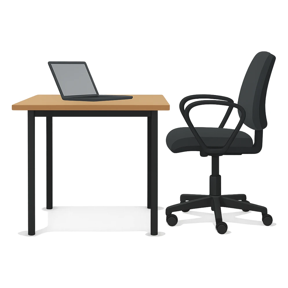 Add a laptop on the desk, keep the style and side view. The style is a side view illustration with no background. sticker
