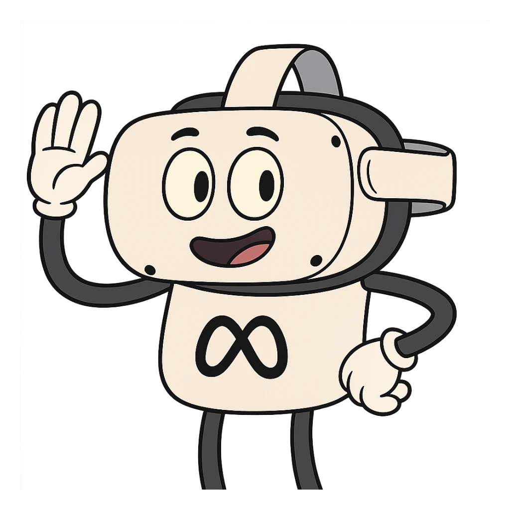 cartoon style illustration of the Meta Quest 2 VR headset, simple and recognizable, white with black accents, playful and friendly look sticker