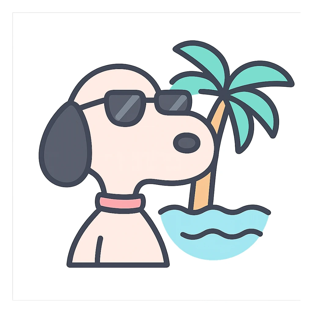 Snoopy, outlined, pastel colors, wearing sunglasses, with a beach background sticker