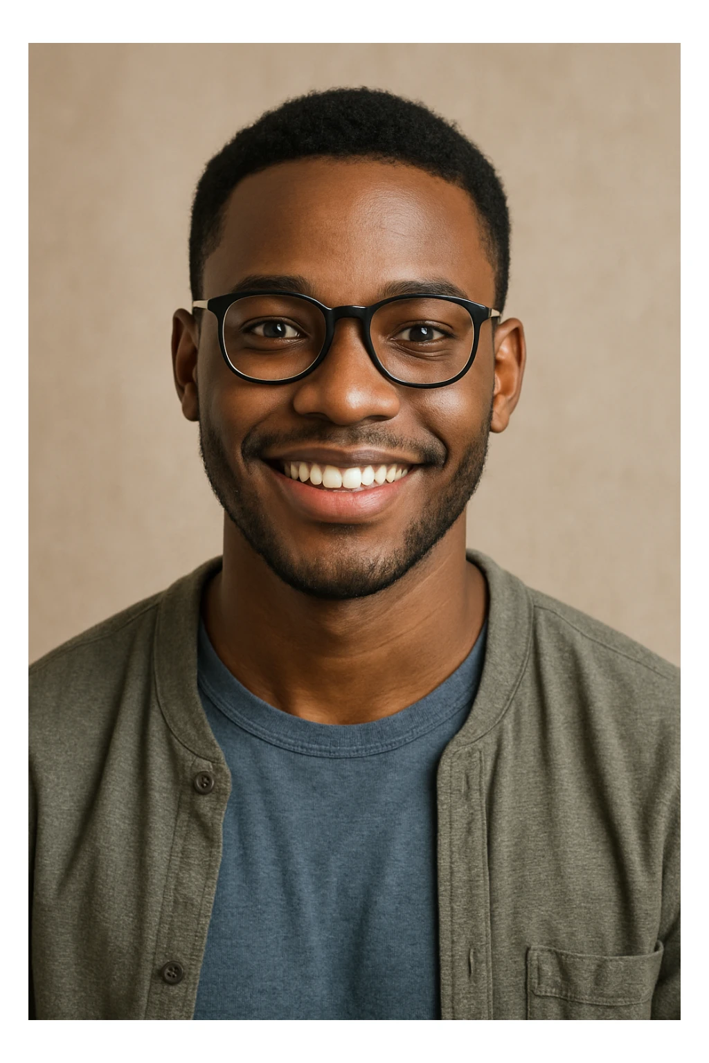 young African man with eye glasses, smiling, casual clothing sticker