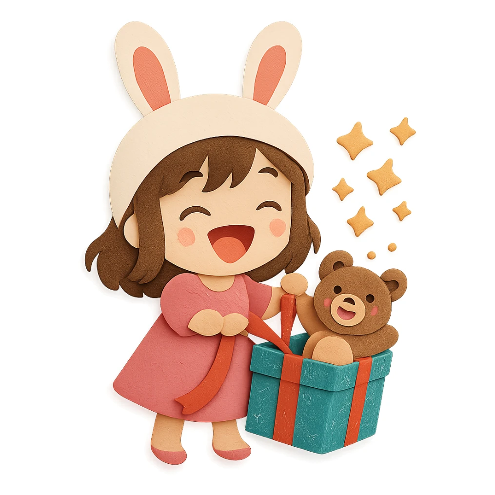 Regenerate this image for a cleaner, higher-quality look. Keep the girl in a beautiful design dress, bunny hat, magical glitter gift box, laughing teddy bear, full body, clean and polished, no imperfections sticker