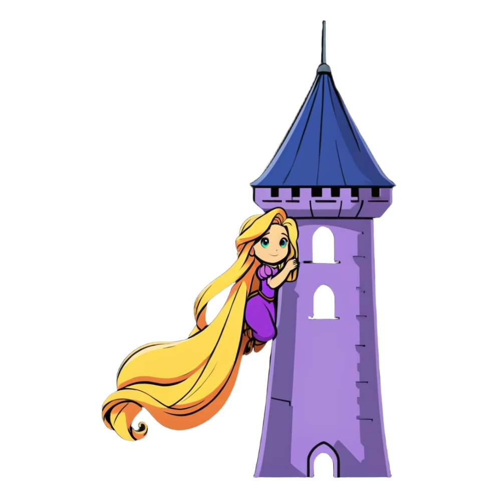 Rapunzel letting down her hair from a tower sticker