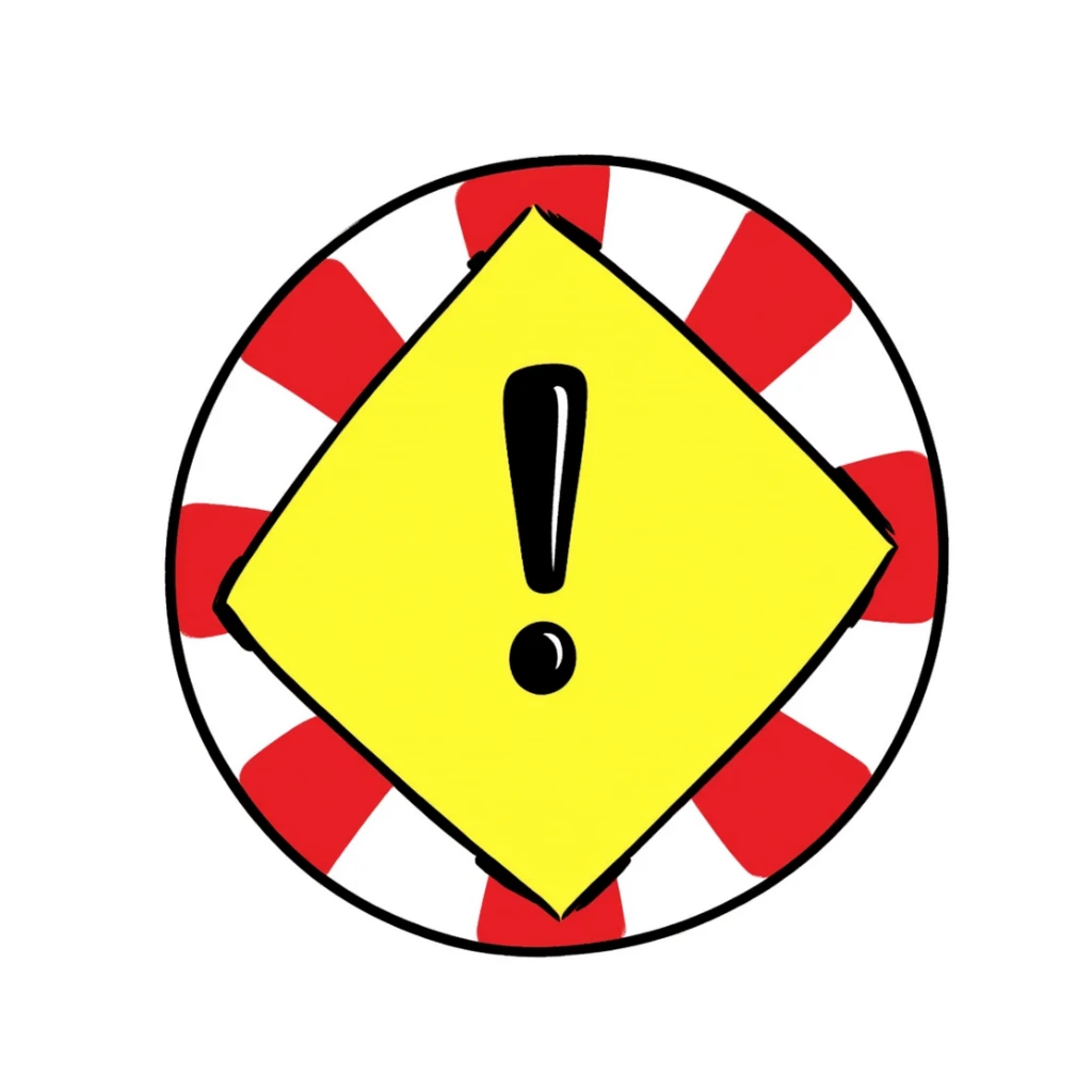 A round warning sign with red and white stripes around the edge and a warning symbol in the center. Hand-drawn doodle style with bright colors. sticker