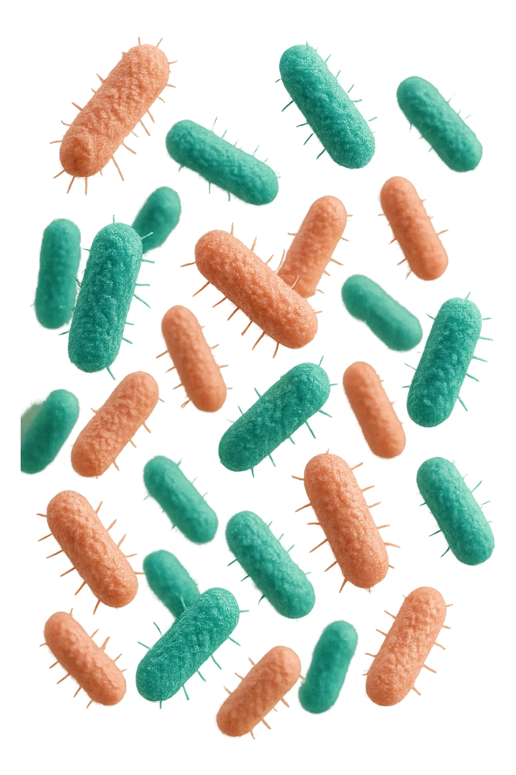 batteri intestinali rosa salmone e turchesi fluttuano in aria, iperrealistici 4k sticker