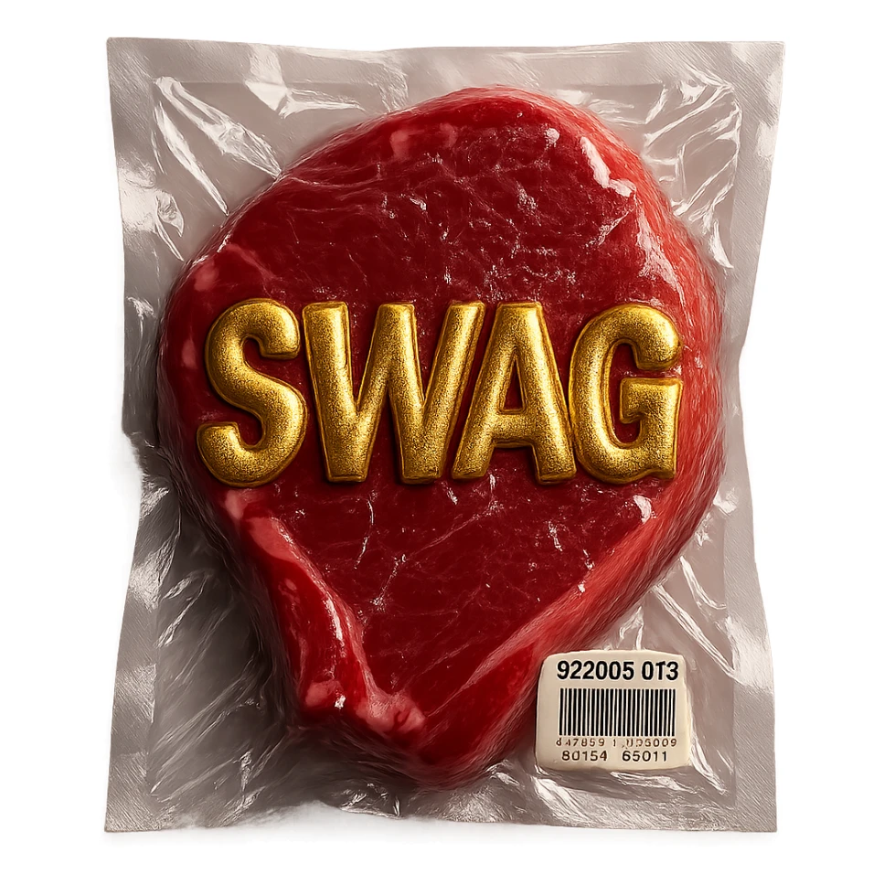 juicy steak with shiny gold 'SWAG' text across the surface, shiny and inflated vacuum-sealed style sticker