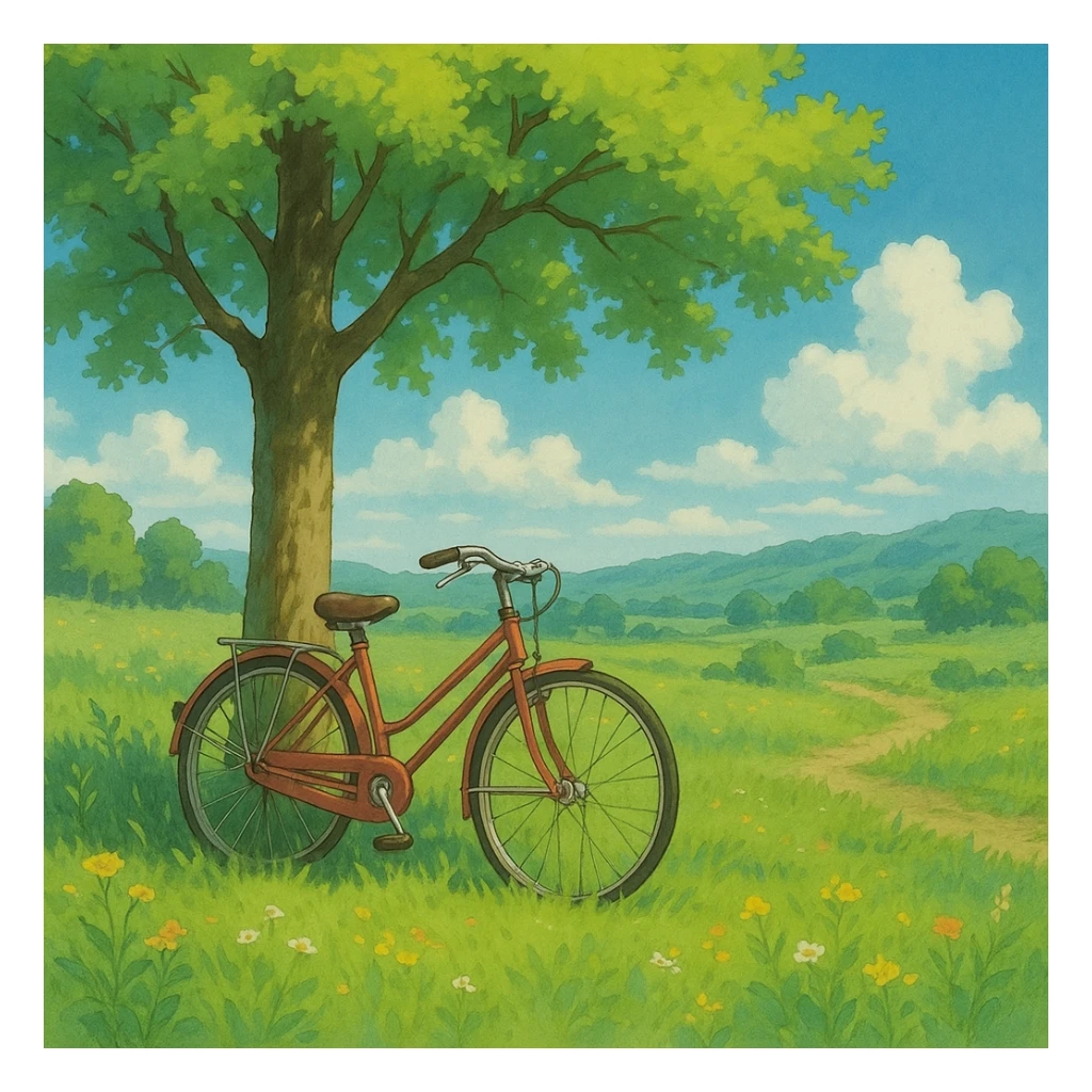 bicycle leaning against a tree, ghibli style sticker