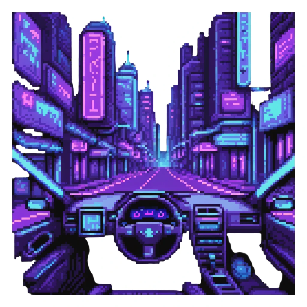 car driving through neon city streets at night with purple and blue lighting sticker
