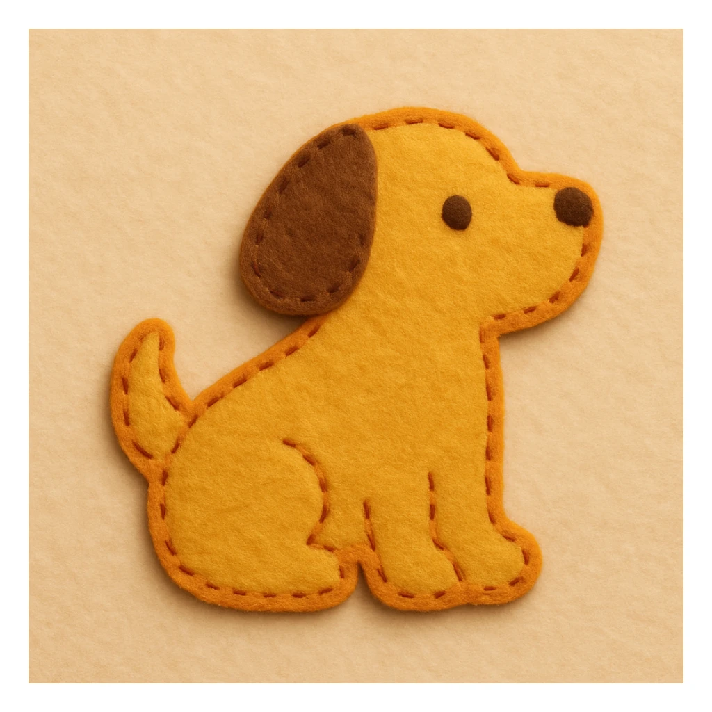 Minimal felt appliqué dog icon, low-detail, smooth rounded edges, moderate contrast orange stitched border, soft matte felt texture, warm brown and yellow palette, small dot eyes, no mouth, flat angle, soft beige background sticker