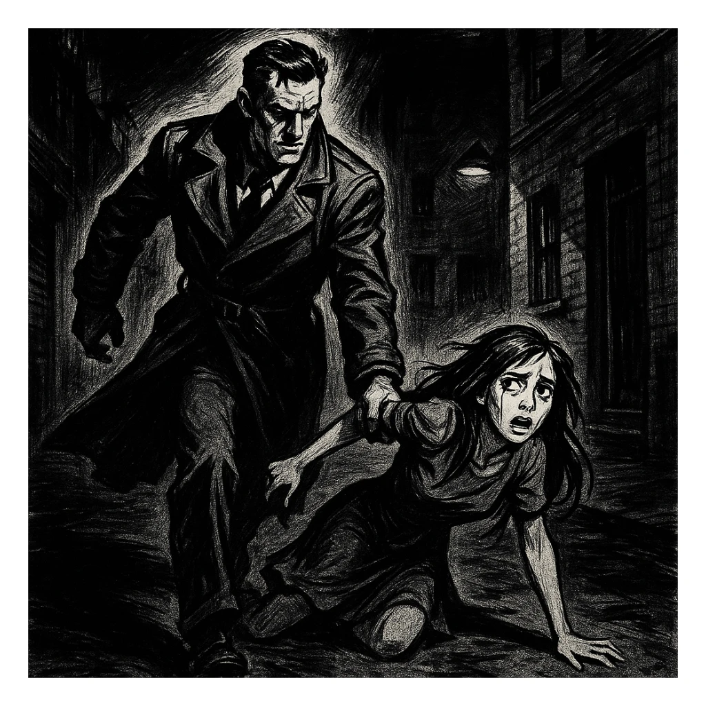 a man in a trench coat dragging a girl, illustrated in noir comic style sticker