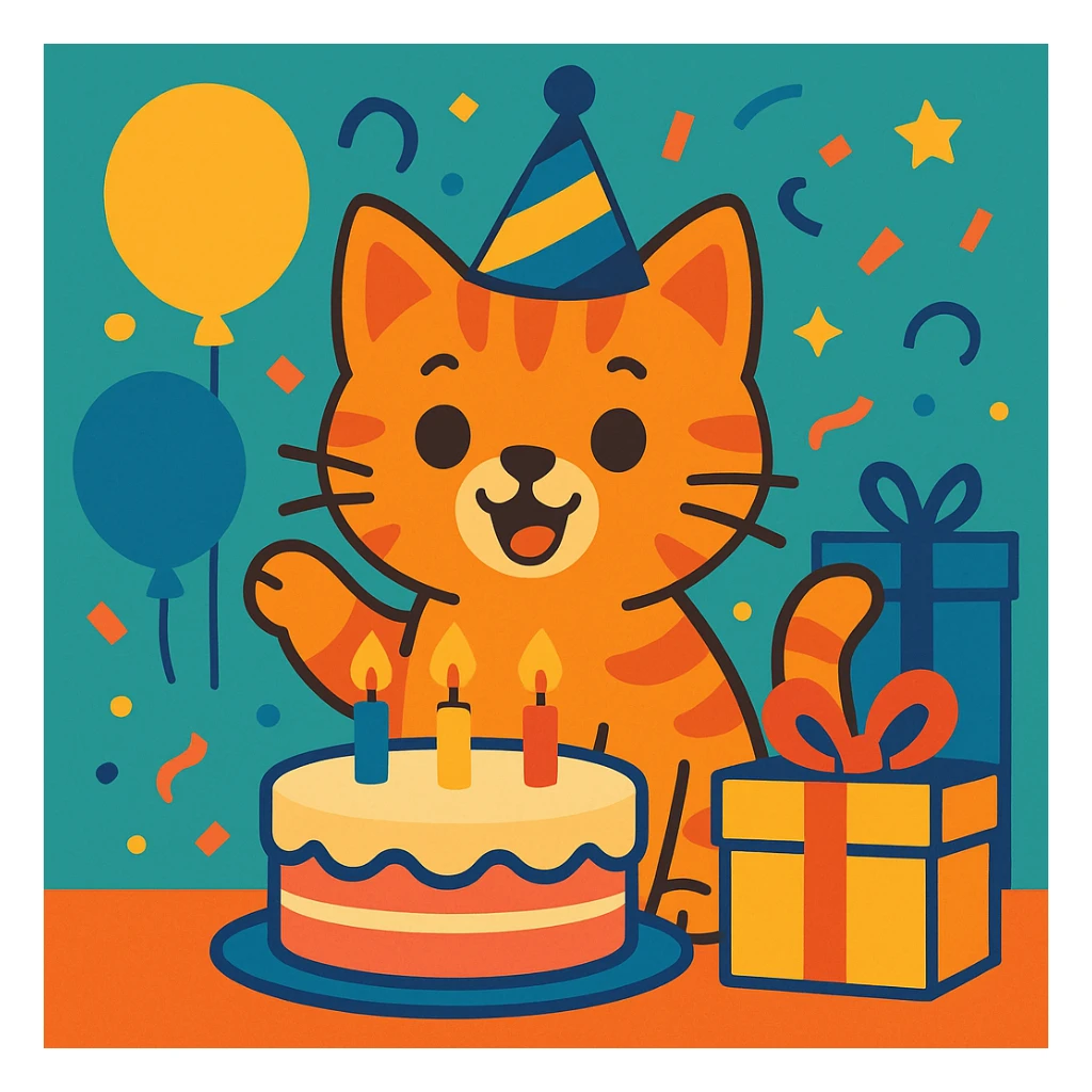 a ginger tabby kitten celebrating its birthday, wearing a birthday hat, surrounded by a birthday cake, balloons, gifts, and looking happy sticker