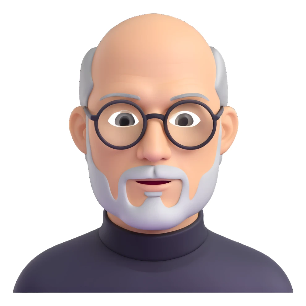 Steve Jobs with black turtleneck, round glasses, beard sticker