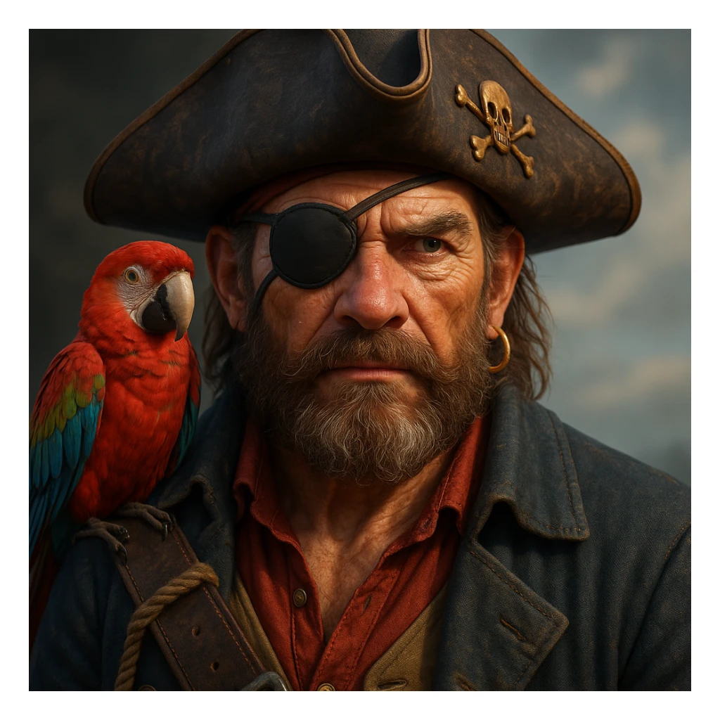 3d art of a pirate with eye patch and parrot in  sticker