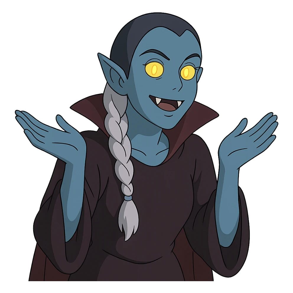 1 female, single long white braid with lavender tips. Vampire with blue skin and glowing gold yellow eyes. Meme pose sticker
